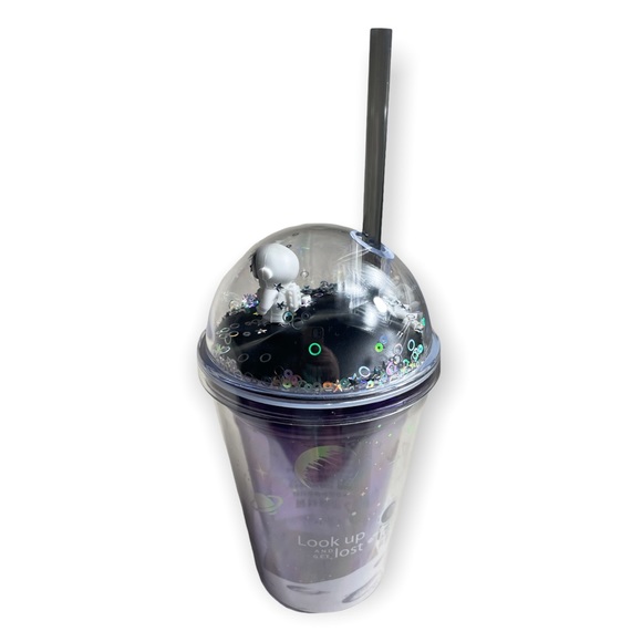 Kids Astronaut Space Theme Purple Black Glitter Cup With Straw NWOT - Picture 2 of 5